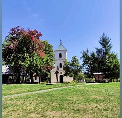 Црква Светих апостола Петра и Павла у Сирогојну -Поглед на цркву у Сирогојну кроз крошње борова који дочарава склад православне светиње и златиборског планинског пејзажа